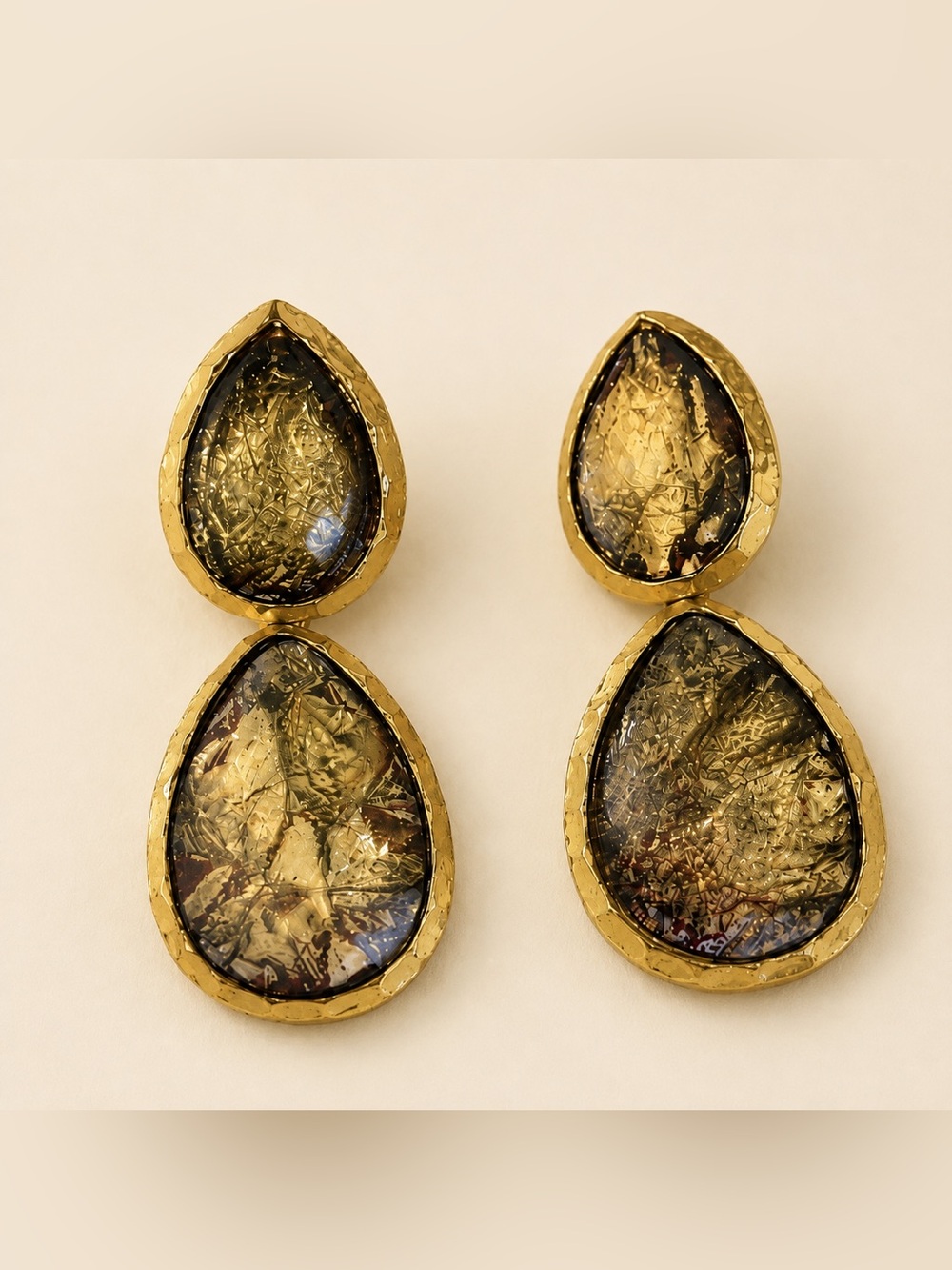 Vintage Hammered Gold Tone Teardrop Statement Earrings.